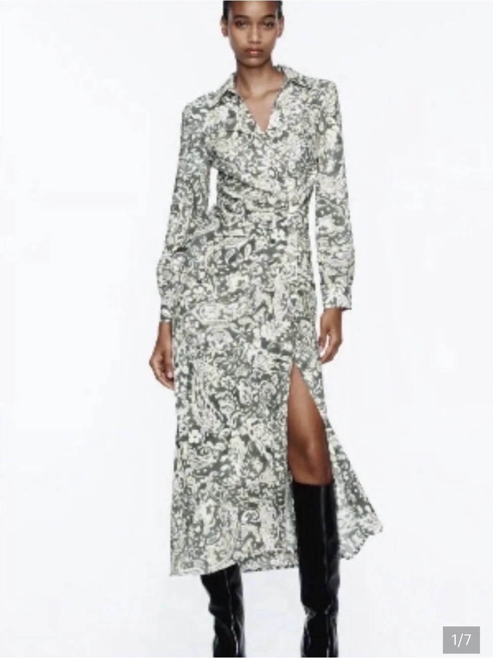 Zara Sage and Cream Printed Midi Wrap Dress